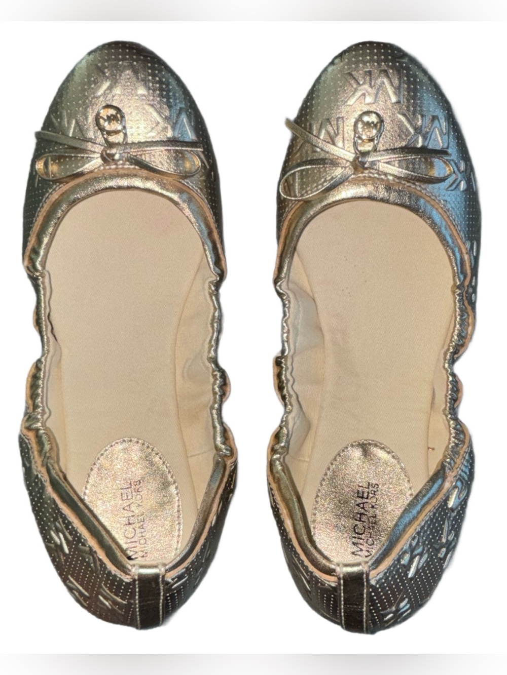 MICHAEL MICHAEL KORS Metallic Gold Elastic Fit Ballet Flats “MK” Pattern Size 8M